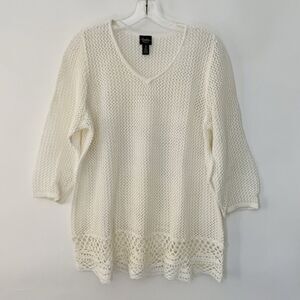 Chico's Travelers Women's Size 3 (XL 16) Crochet Ivory V-Neck Sweater Cover-up